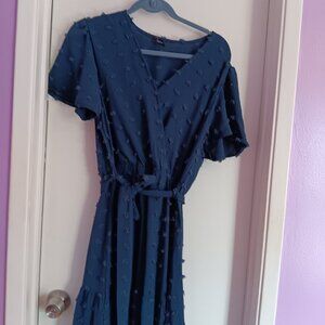 Women's Swiss Dot Maxi Boho Dress V Neck Short Sleeve Large NWOT